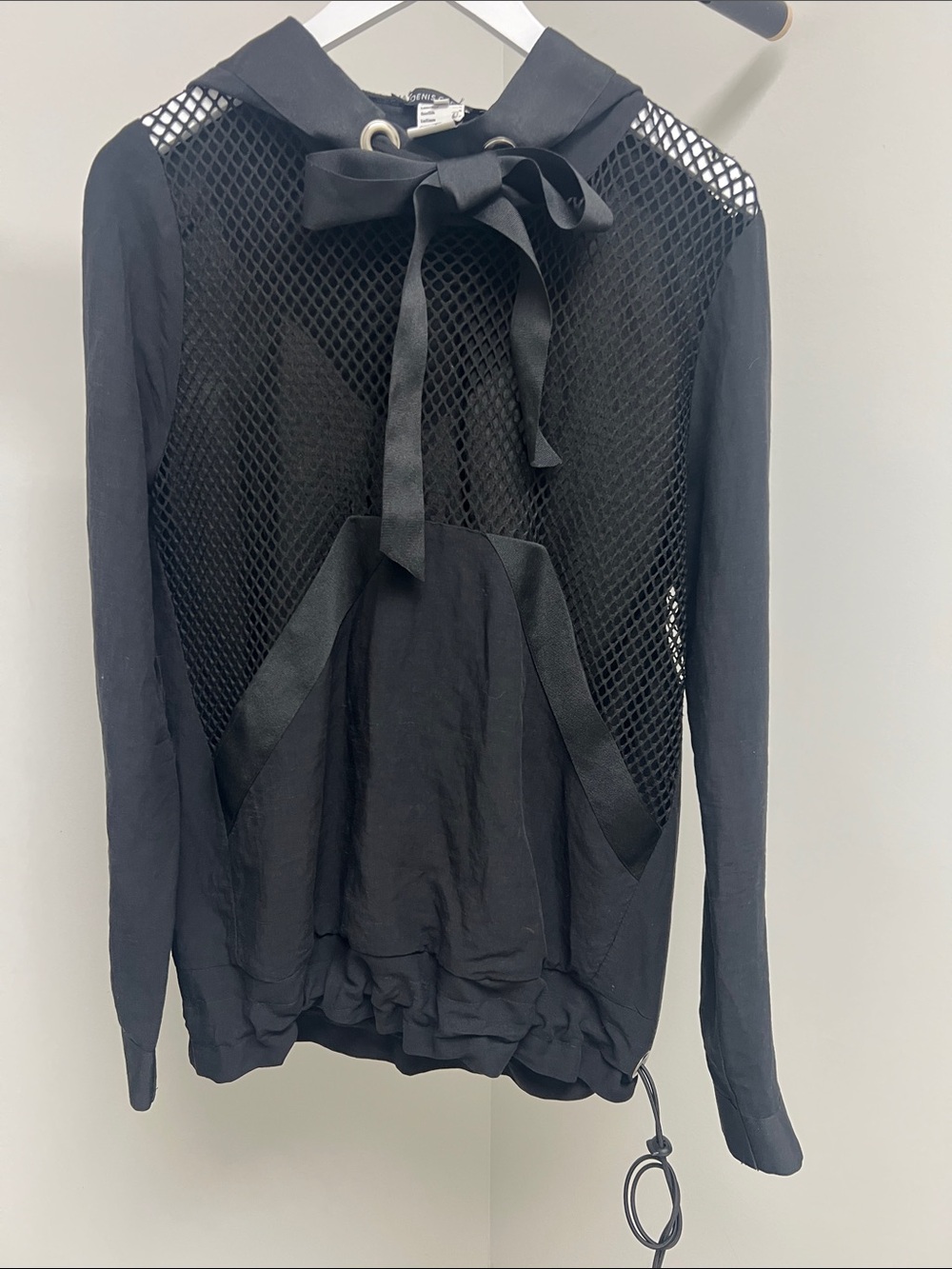 Black Mesh-Back Hooded Sweatshirt with Bow Tie